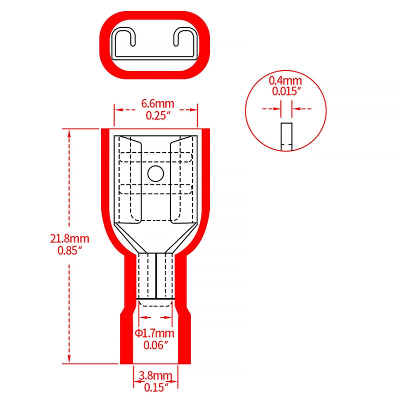 Heschen Female Quick Disconnects Vinyl Fully Insulated, FDFD1.25-250, 6.3 x 0.8 mm Cable Terminal, for 0.5-1.5mmÂ² (22-16 AWG), Red, 100Pack - Image 2